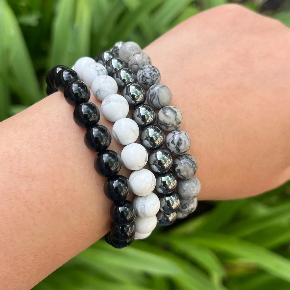 8mm stretchable black white‎ crystal bracelet set